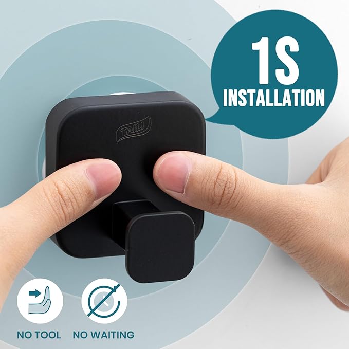 TAILI Thickened 304 Stainless Steel Bathroom Suction Hook for Towel, Loofah, Bathrobe, Patented Strong Suction Cup Holder, Damage-Free Hanging Glass Shower Wall Hook, Hold Up to 11 Lbs, 2 Pack, Black