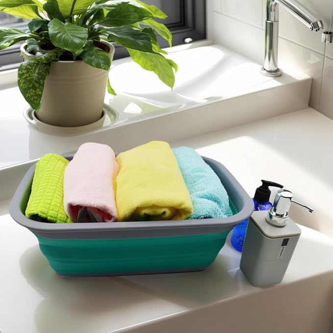 SAMMART 10L (2.6 Gallons) Collapsible Tub - Foldable Dish Tub - Portable Washing Basin - Space Saving Plastic Washtub (Dark Grey/Bluish-Green, 1)