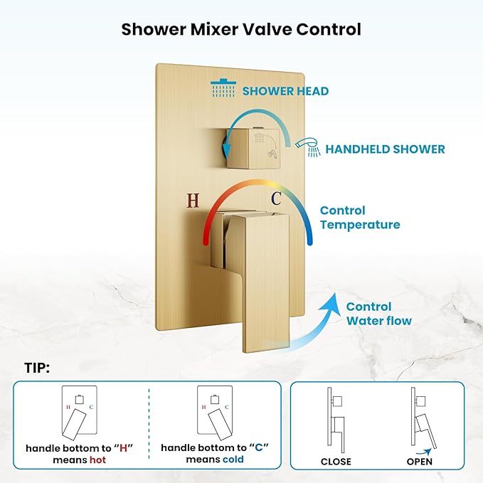 gotonovo Rainfall Bathroom Shower System Rain Shower Head and Handle Set Wall Mounted Shower Complete Combo Solid Brass Pressure Balancing Shower Mixer Valve 8 Inch Brushed Gold