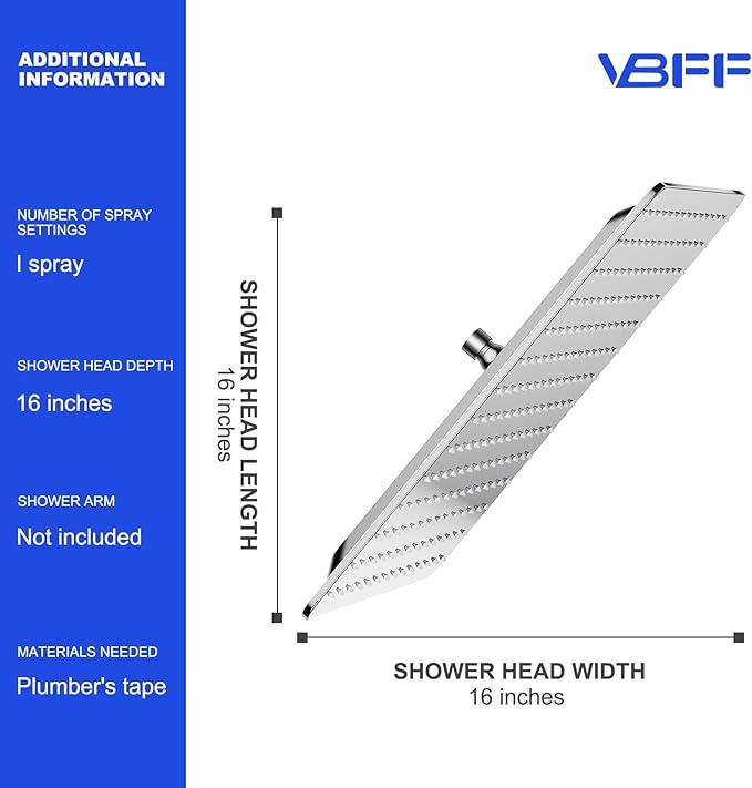 VBFF-Shower Head,rain shower head, 16 inch- Square Shower Head, 1.8 GPM Flow Rate, rainfall showerhead,VBFF10(Chrome)