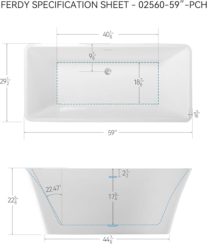 FerdY Sentosa 59" Acrylic Freestanding Bathtub, Contemporary Design Soaking Tub with Polished Chrome Drain and Minimalist Linear Design Overflow, Easy to Install
