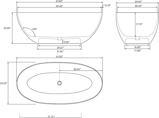 61" Premium Solid Surface Freestanding BathTubs, Upgraded Modern Transparent Blue Design Stand Alone Tub with Pop-up Drain