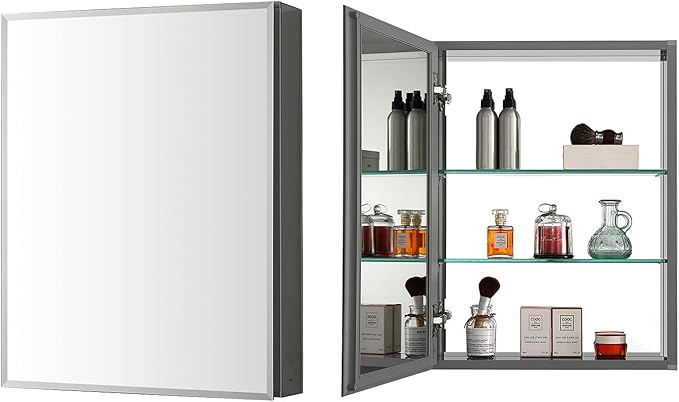 Blossom 16x20 Inch Aluminum Medicine Cabinet with Mirror – Recessed or Surface Wall Mounted Bathroom Storage with Adjustable Glass Shelves, Soft Close Hinges, Rust-Resistant and Modern Mirrored Design