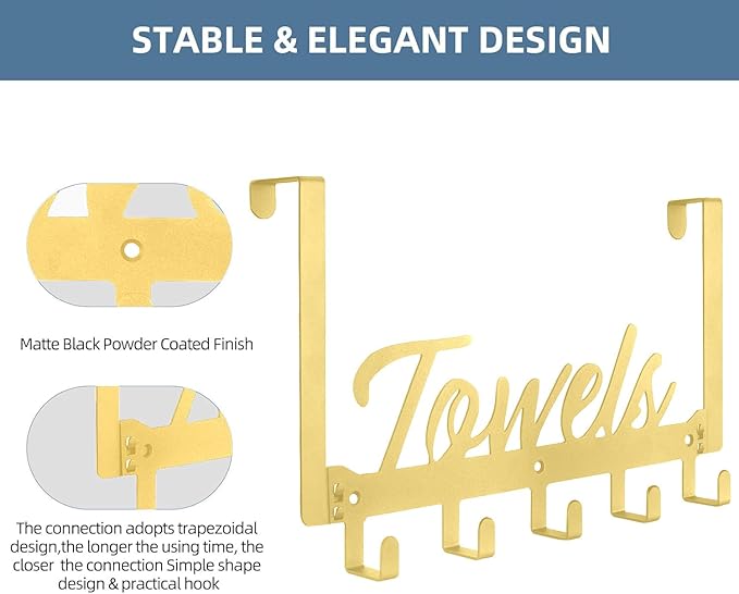 Over The Door Hooks - Heavy Duty Towel Rack with 5 Coat Hooks for Bedroom Kitchen, Gold Bathroom Decor