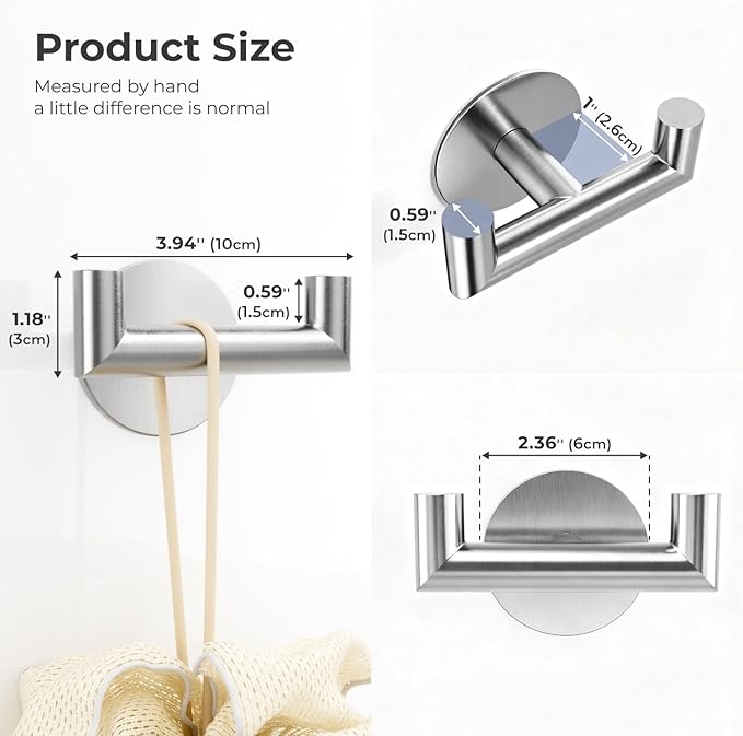 2 Pack Brushed Nickel Bathroom Hooks for Towels - Self Adhesive Double Hooks for Wall, No Drilling, Stainless Steel 304, Strong Hold for Robes, Coats, Shower Use