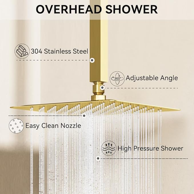 Brushed Gold Shower System, STARBATH Ceiling Mount Shower Set 12+6'' Wall Mount Rainfall Showerhead with Handheld 2 Functions High-Pressure Spray, Dual Rain Shower Faucet Set with Valve Complete