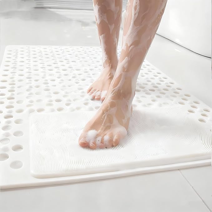 Bath Tub Shower Mat with Soft Shower Foot Scrubber Mat for Massage,Non Slip Bathtub Mat with Strong Suction Cups, Silicone Shower Foot Scrubber Mat (White, 31.5" X 19.7"(Rectangular)