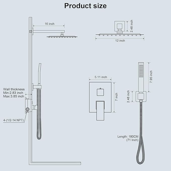 Shower Faucet Set Bathroom Square Rain Shower Head and Handle Set, Wall Mounted Shower Fixtures With Shower Valve and Trim Kit 10 inch Brushed Nickel