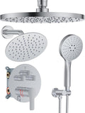 Shower System with Pressure Balance Valve, 10" Ceiling Mount Shower Faucet Set with 2 Rain Shower Head And Multi-function Handheld Head Push Button Diverter Pressure Balancing Valve Kit, Chrome