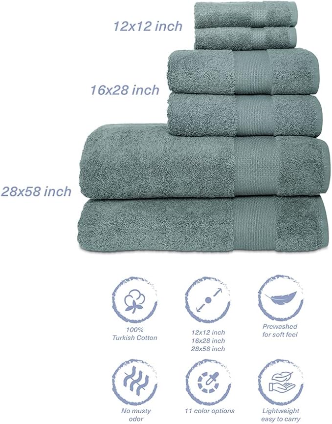 Hencely 6-Piece Bath Towel Set - High Absorbency, Quick Drying - 100% Soft Turkish Cotton - 2 Bath Towels, 2 Hand Towels, 2 Washcloths - for Bathroom, Home, Hotel, Spa, and Gym - 6-Pack Dark Green