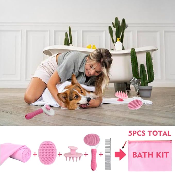 Dog Bath Brush Bathing Kit 5PCS - Pet Washing Brush, Dog Brush for Shorted Haired Dogs, Dog Scrubber for Bath, Scalp Scrubber Hair Bath Brush Set Pink
