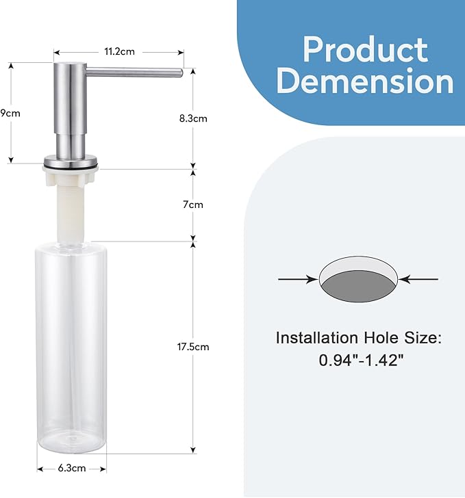 Kitchen Sink Soap Dispenser with 17 OZ Bottle and 40" Extension Tube Kit, Stainless Steel Built-in Soap Dispenser for Kitchen Sink or Countertop, in or Under Sink Installation, Brushed Nickel