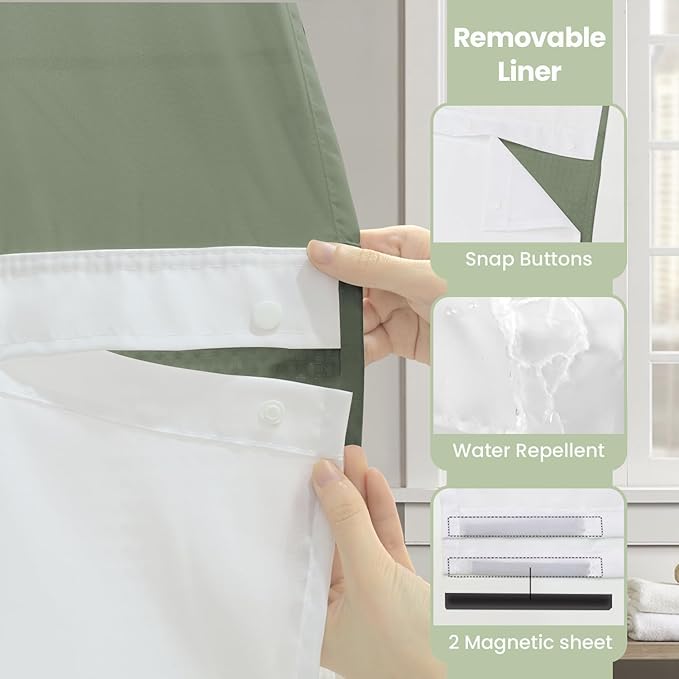 Inhousolu No Hook Shower Curtain with Snap in Fabric Liner Set Waffle Weave 230GSM Weighted Hem, Waterproof & Washable Bathroom Curtain Spa Luxury with Mesh Top Window 72" W x 72" L Sage Green