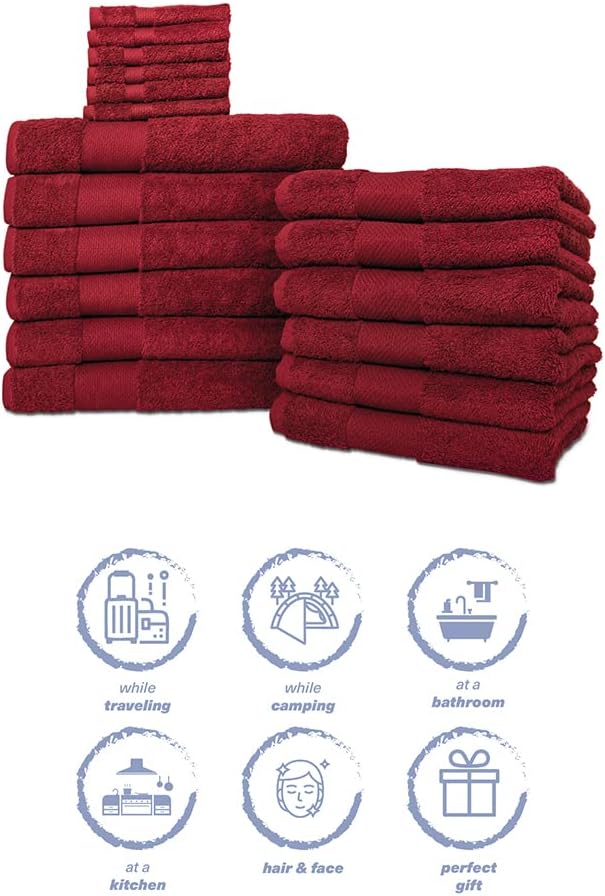 Hencely 18-Piece Bath Towel Set - High Absorbency, Quick Drying - 100% Soft Turkish Cotton - 6 Bath Towels, 6 Hand Towels, 6 Washcloths - Bathroom, Home, Hotel, Spa, and Gym - 18-Pack Red