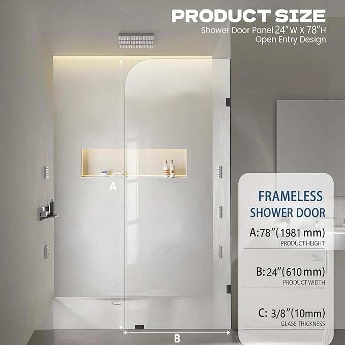 Bathroom Shower Door, 24" W ×78" H Fixed Shower Glass Panel with Clamps, 3/8" (10mm) Glass Shower Doors, Clear Tempered Frameless Shower Panel in Matte Black