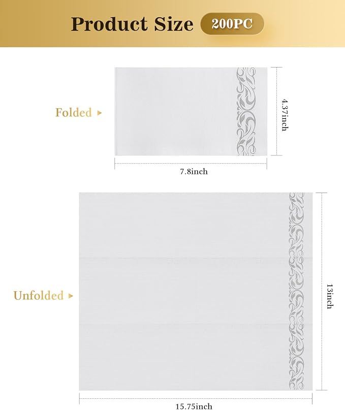 Goodluck 200 Pack 3-Ply Disposable Napkins - Soft & Absorbent Paper Hand Towels for Bathroom Guests, Dinner Party, Kitchen,Christmas， Wedding & Events, Parties - Floral Siliver Trim