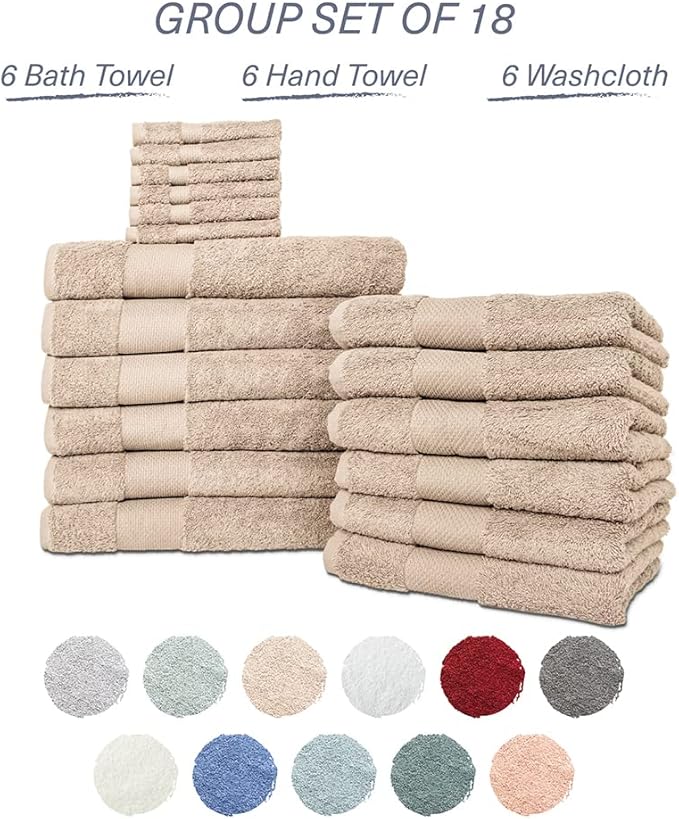 Hencely 18-Piece Bath Towel Set - High Absorbency, Quick Drying - 100% Soft Turkish Cotton - 6 Bath Towels, 6 Hand Towels, 6 Washcloths - Bathroom, Home, Hotel, Spa, and Gym - 18-Pack Beige