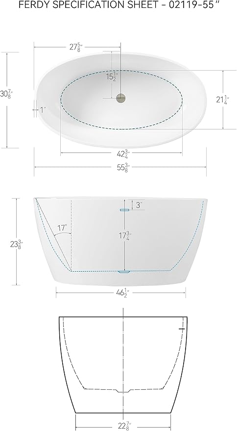 FerdY Tahiti 55" Acrylic Freestanding Bathtub, Elegant Oval Shape Soaking Bathtub, Glossy White, Brushed Nickel Drain & Integrated Slotted Overflow Assembly Included cUPC Certified