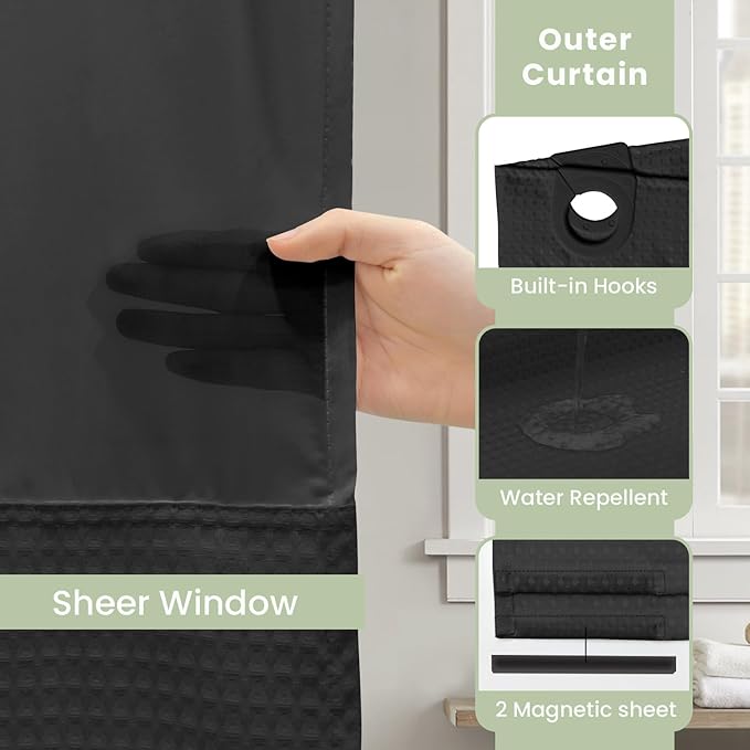 Inhousolu Stall No Hook Shower Curtain with Snap in Fabric Liner Set Waffle Weave 230GSM Weighted Hem, Waterproof & Washable Bathroom Curtain Spa Luxury with Mesh Top Window 60" W x 72" L Black