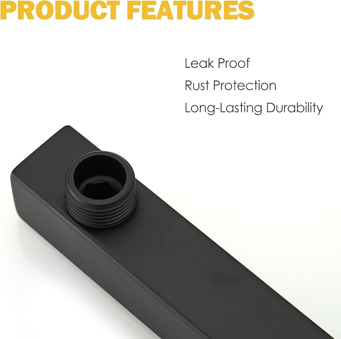 BESy 16 Inches Straight Extended Shower Arm With Flange, Rain Shower Head Extension Arms, Square Shower Rod Shower Head Extender Arm Shower Pipe Extension, Wall-Mounted Matte Black Stainless Steel