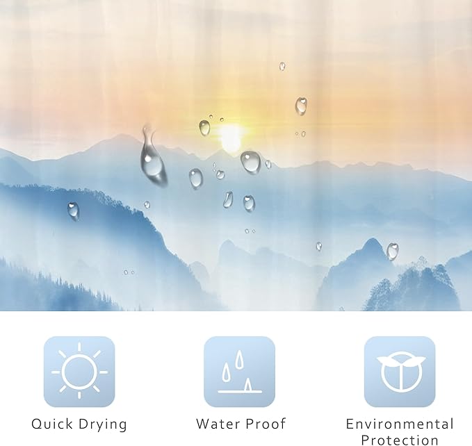 Riyidecor Misty Mountain Shower Curtain 60Wx72H Inch Blue Spring Scenery Sunrise Foggy Woodland Greenery Smokey Tree Nature Pine Scenic Bathroom Decor Fabric Polyester Waterproof 12 Pack Hooks