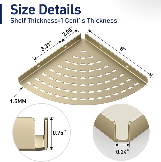 2 Pack Corner Shower Shelves 304 Stainless Steel Shower Corner Shelf Brushed Gold Bathroom 8 in Prevent Rust Drilling Installation
