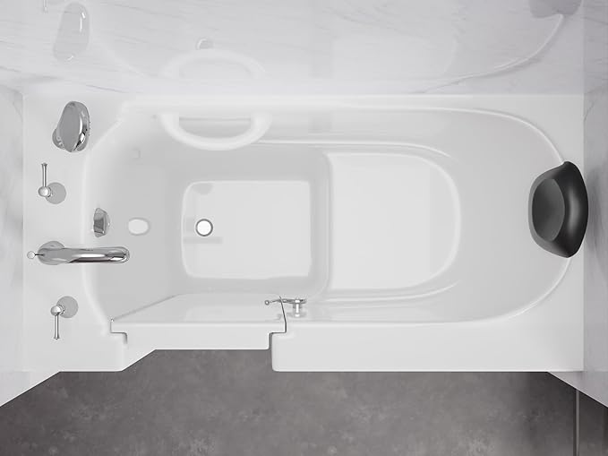 ANZZI Walk In Tub 53'' x 26'' with Quick Fill Faucet, 60" Shower Head, Easy Entry, Watertight Seal, Head Pillow, Slip-Resistant, ADA Seating, White Gelcoat, Safety Grab Bar - AMZ2653LWS-CP
