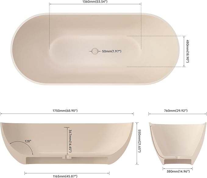 69" Premium Cream Stone Resin Solid Surface Free Standing Bathtub, Unique Matte Milk-Coffee Soaking Tub with Pop-up Drain