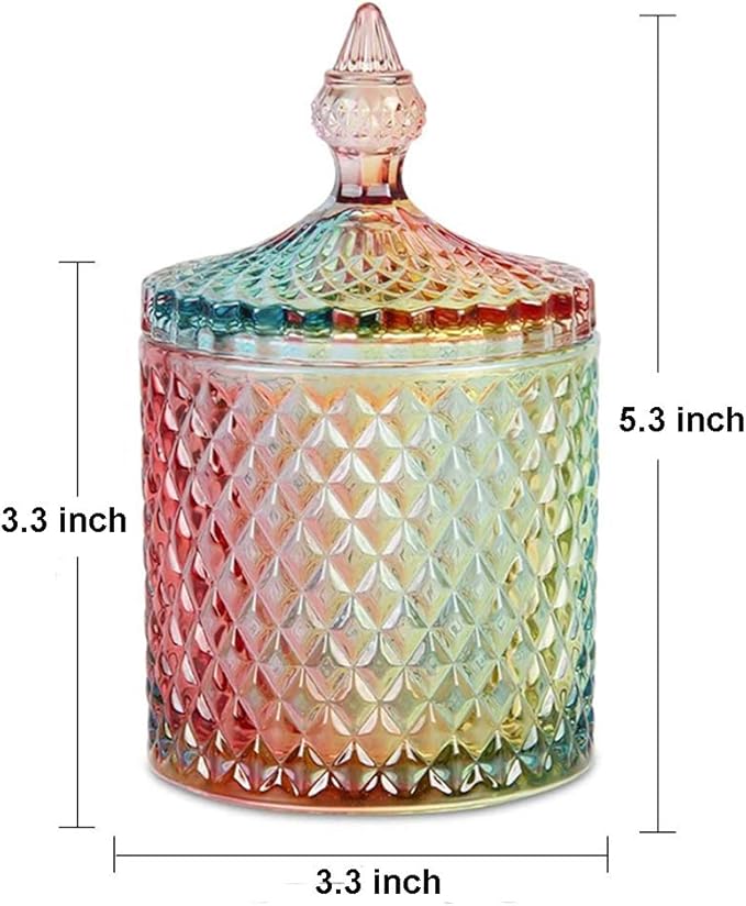Colorful Home Decorative Jar Qtips Holder Dispenser Glass Storage Container Bathroom Counter Vanity Organizer for Bath Salts/Swabs/Rounds Makeup Sponges Toothpick Jewelry (Rainbow, 10 oz,