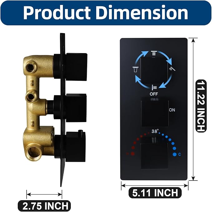 HOMEDEC Solid Brass 4 Ways Shower Diverter Valve, Thermostatic 3 Handles Control Shower Mixing Valve Trim Kit Rough In Replacement, Matte Black