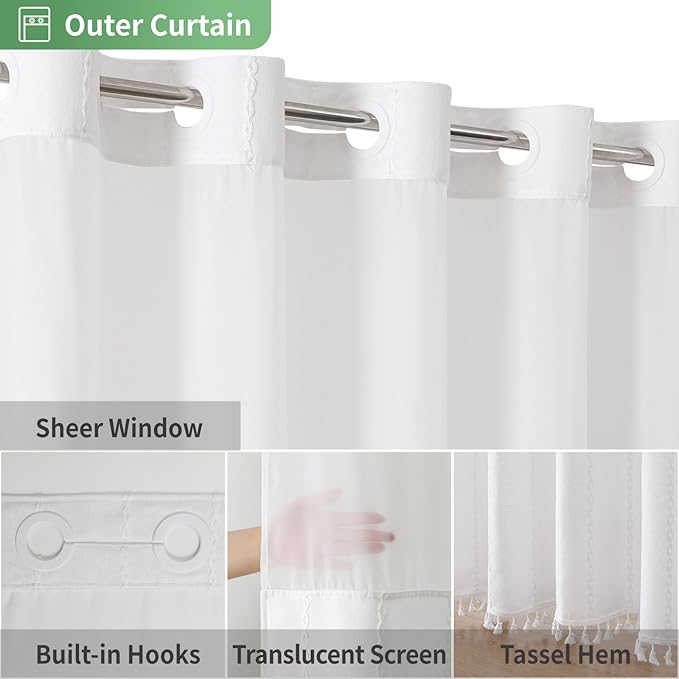No Hook Extra Long Shower Curtain Set with Snap-in Liner,Linen Textured Thick Striped Fabric with Tassels,Boho Chic Modern Farmhouse Bathroom Curtain,Water-Repellent,White,71x86