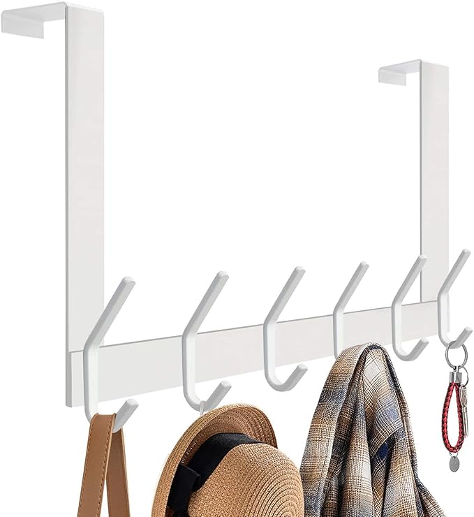 DOKU Over The Door Hook, Heavy Duty Over Door Hanger Holder for Coat Robe Hat Clothe Towels Hanging, Bathroom Organizer Towel Rack 12 Hooks, White