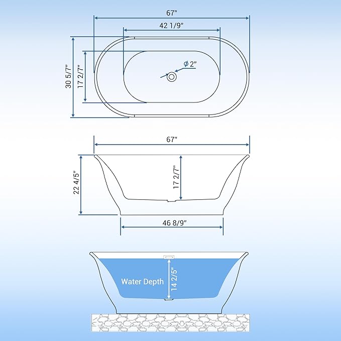 67 Inch Acrylic Freestanding Bathtub, Bathtub with Matte Drain and Overflow, Modern Square Tub, Deep Ergonomic Design, cUPC Certified, Double-Walled Insulation, Easy Install and Safe Use, Grey