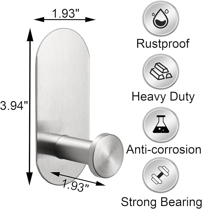TocTen Adhesive Hook - 3 Pack Heavy Duty Sticky Towel/Robe Hook, Waterproof Stainless Steel Shower Hook, No Drill Stick on Wall Coat/Clothes Hooks for Bathroom, Kitchen, and Offices(Brushed Nickel)