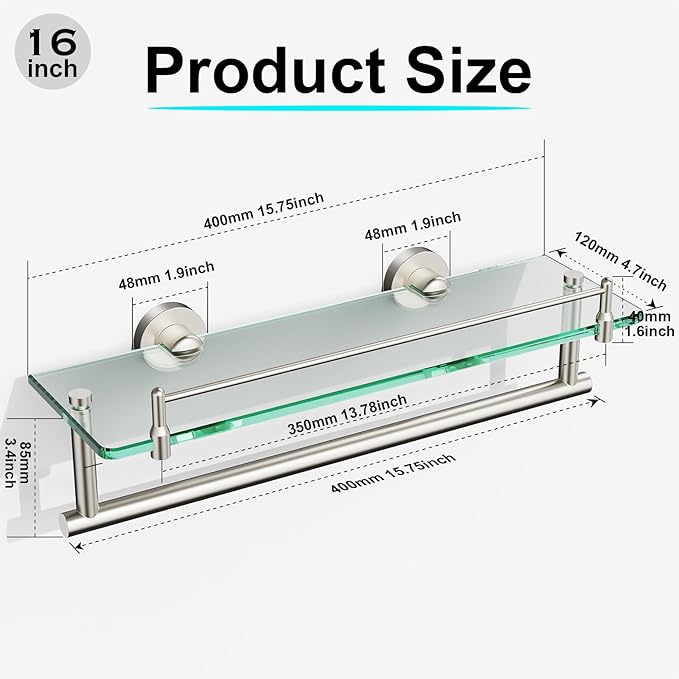 Floating Tempered Glass Bathroom Shelf with Towel Bar - Brushed Nickel & Stainless Steel, Wall Mount 16 Inch
