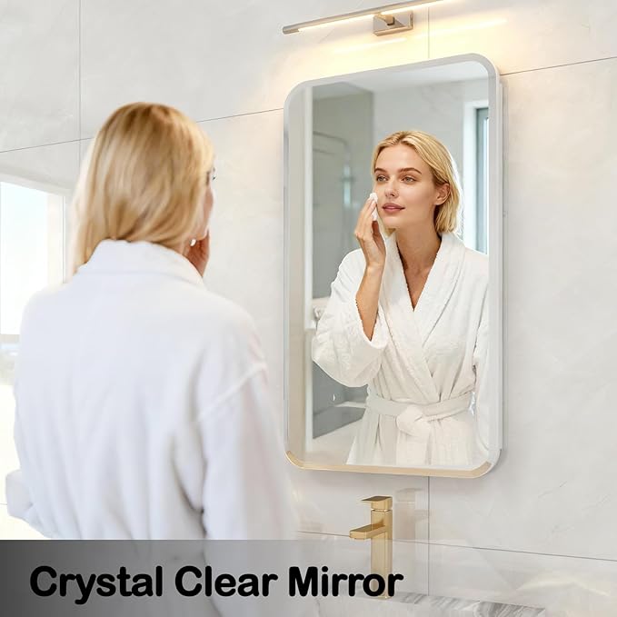 Rectangle Medicine Cabinet with Beveled Edge Mirror, No-Assembly Bathroom Wall Cabinet with Mirror, Adjustable Shelves, Tissue Slot, Recessed or Surface Mount (28" H x 16" W)