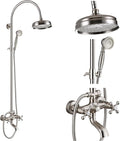 gotonovo Exposed Bathroom Shower System Classic Shower Kit 8 Inch Luxurious Rainfall Shower Head Handheld Spray Tub Filler Brass Pipe 3-Function Wall Mount Double Cross Knobs Brushed Nickel