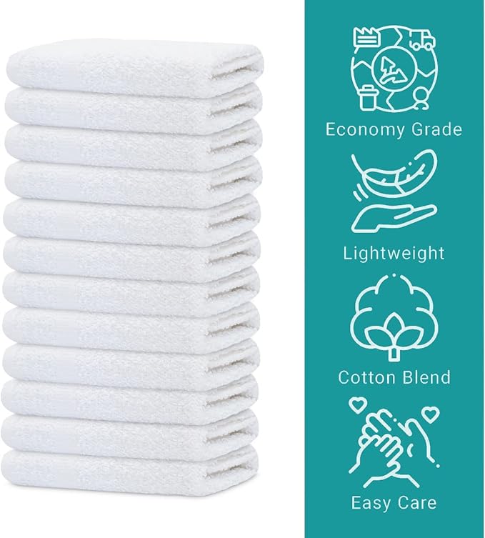 GOLD TEXTILES 24 Pack Economy White Washcloths Set (12x12 inches) - Cotton Blend Commercial Grade Cleaning Rags, Quick Drying & Soft Face Cloths, Fingertip Towels for Bathroom, Spa, Gym, and Kitchen