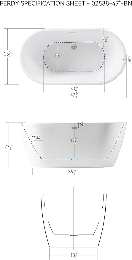 FerdY 47" Bali Acrylic Freestanding Bathtub with Headrest, Gracefully Shaped Soaking Bathtub, cUPC Certified, Toe-Tap Brushed Nickel Drain& Minimalist Linear Design Overflow& Bathtub Pillow Included