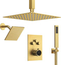 Ceiling Mount 12" High-Pressure Rainfall Shower Faucet, Dual Rainfall Shower Head System with Valve (Brushed Gold)
