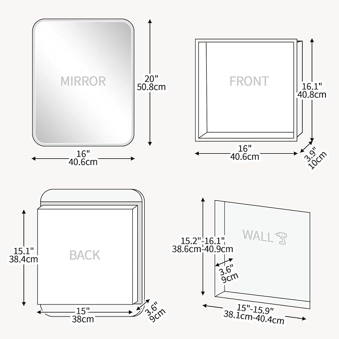 Rectangle Medicine Cabinet with Beveled Edge Mirror, No-Assembly Bathroom Wall Cabinet with Mirror, Adjustable Shelves, Tissue Slot, Recessed or Surface Mount (20" H x 16" W)