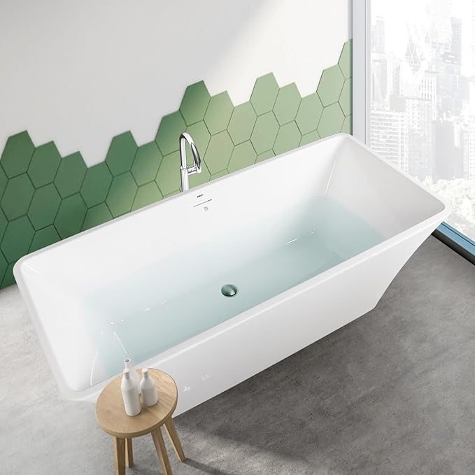 FerdY Sentosa 67" Acrylic Freestanding Bathtub, Contemporary Design Soaking Tub Easy to Install with Brushed Nickel Drain and Minimalist Linear Design Overflow, 02560