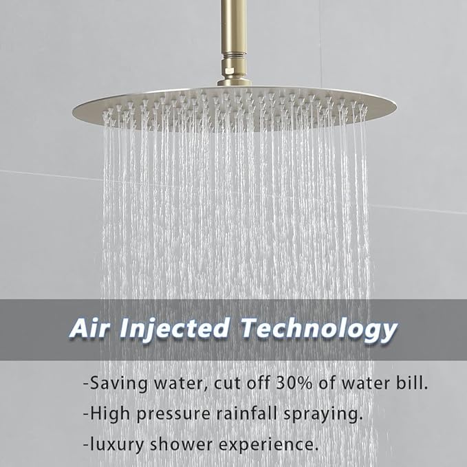 Brushed Gold Round Shower Faucet Set with Body Jets 10 Inch Shower Head Handheld Shower Combo Set High Pressure Ceiling Mount with Rough-in Valve