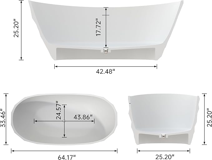64'' Stone Resin Solid Surface Freestanding Bathtub, Modern Elegant Design Soaking Stand Alone Tub, Diamond Pattern Matte White, Drain and Overflow Included 019-1630