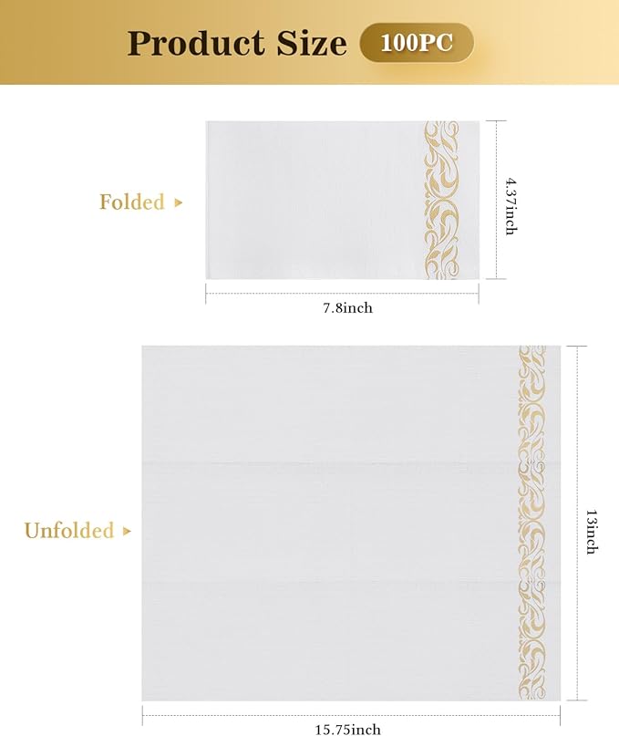 Goodluck 100 Pack 3-Ply Disposable Napkins - Soft & Absorbent Paper Hand Towels for Bathroom Guests, Dinner Party, Kitchen,Christmas， Wedding & Events, Parties - Floral Gold Trim
