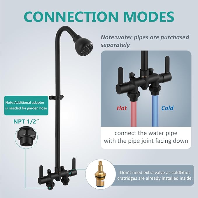 Aolemi Outdoor Shower Fixtures Kit Faucet System 3 Inch Center with Showerhead 2 Handle Exposed Shower with Brass Mix Valve Matte Black
