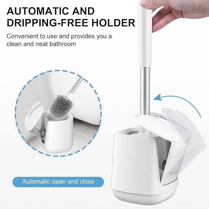 SetSail Toilet Brush 2 Pack, Self Closing Lid Toilet Bowl Brushes Holder and Extra Long Handle Ventilated Toilet Brush Set for Bathroom Cleaning, Nylon Bristles, Pure White