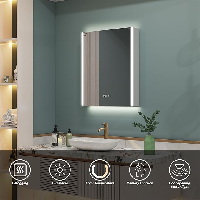WELLFOR 24" x 30" LED Mirrored Bathroom Cabinet, Mirror Medicine Cabinet with Lights, Defogging LED Mirror Cabinet with Outlets & USB Ports, Surface Mounted, Left Opening Door, Hardwired Connected