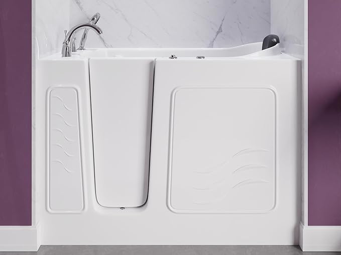 ANZZI Whirlpool Walk-In Bathtub 26" x 53" White Acrylic Left Drain 15 Jets Inline Heater Fast Drain ADA Compliant Slip-Resistant Base Quick Fill Faucet Ergonomic Pillow Chrome Trim | AMZ2653LWH-CP
