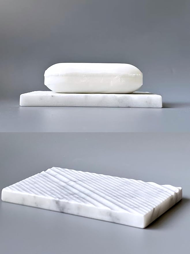 Real Marble Soap Dish - Soap Dish for Shower, Shower Bar Soap Holder, Marble Dish for Bathroom Kitchen, Decorative Stone Soap Dish (Calacatta White, Twill Rectangular)